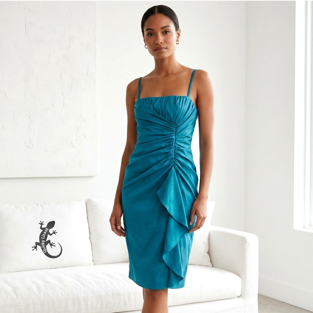 Adrianna Papell Occasions Dress Womens 4 Teal Ruched Ruffle Taffeta Cocktail